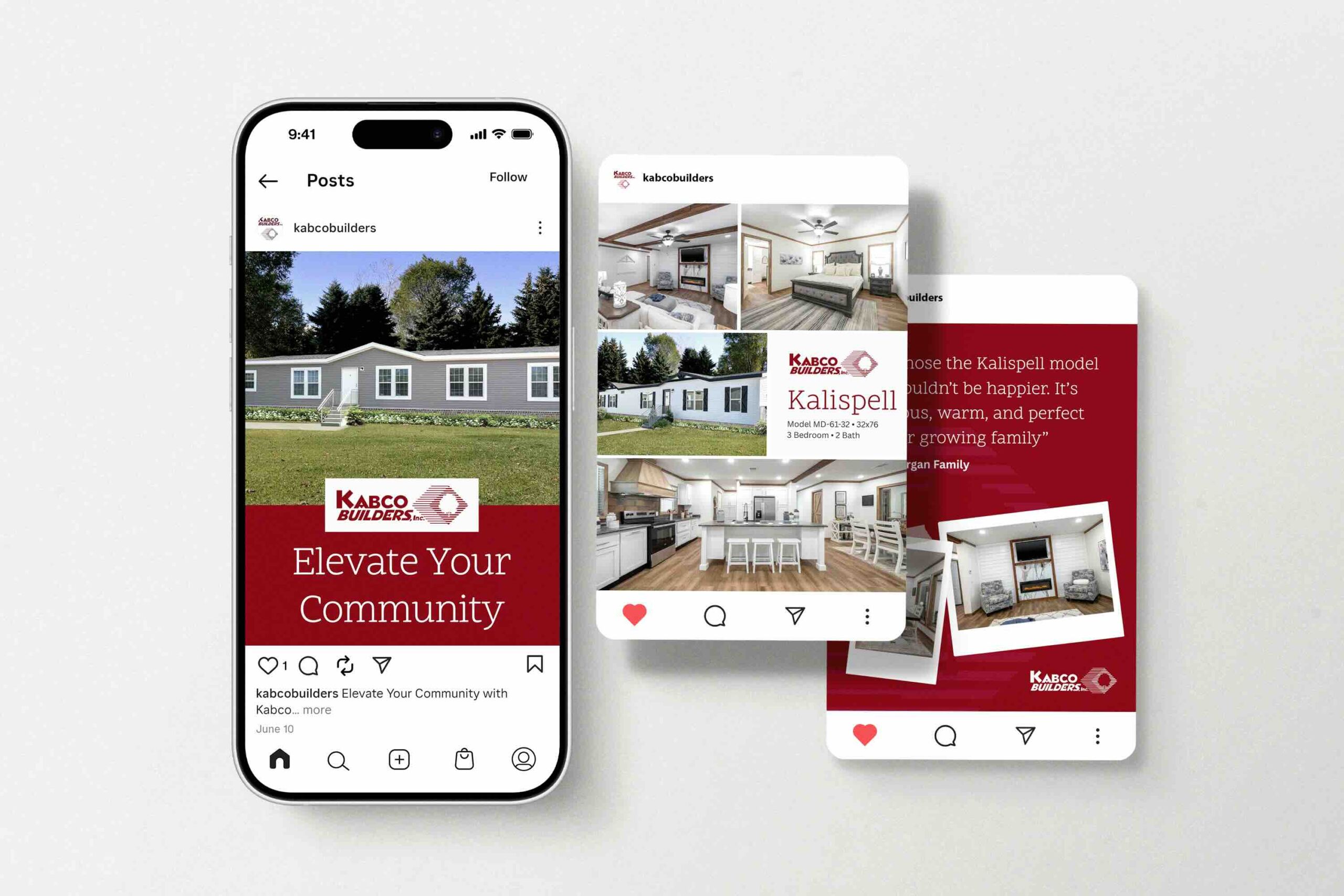 Social media campaign and post design for Kabco Builders by 24 Communications featuring model home imagery and community engagement messaging.